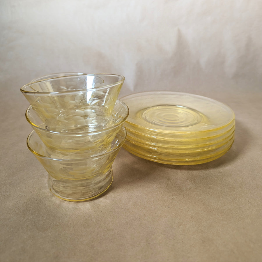 Vintage Lancaster Glass Company Yellow Daisy Depression Glass Sorbet Cups and Saucers